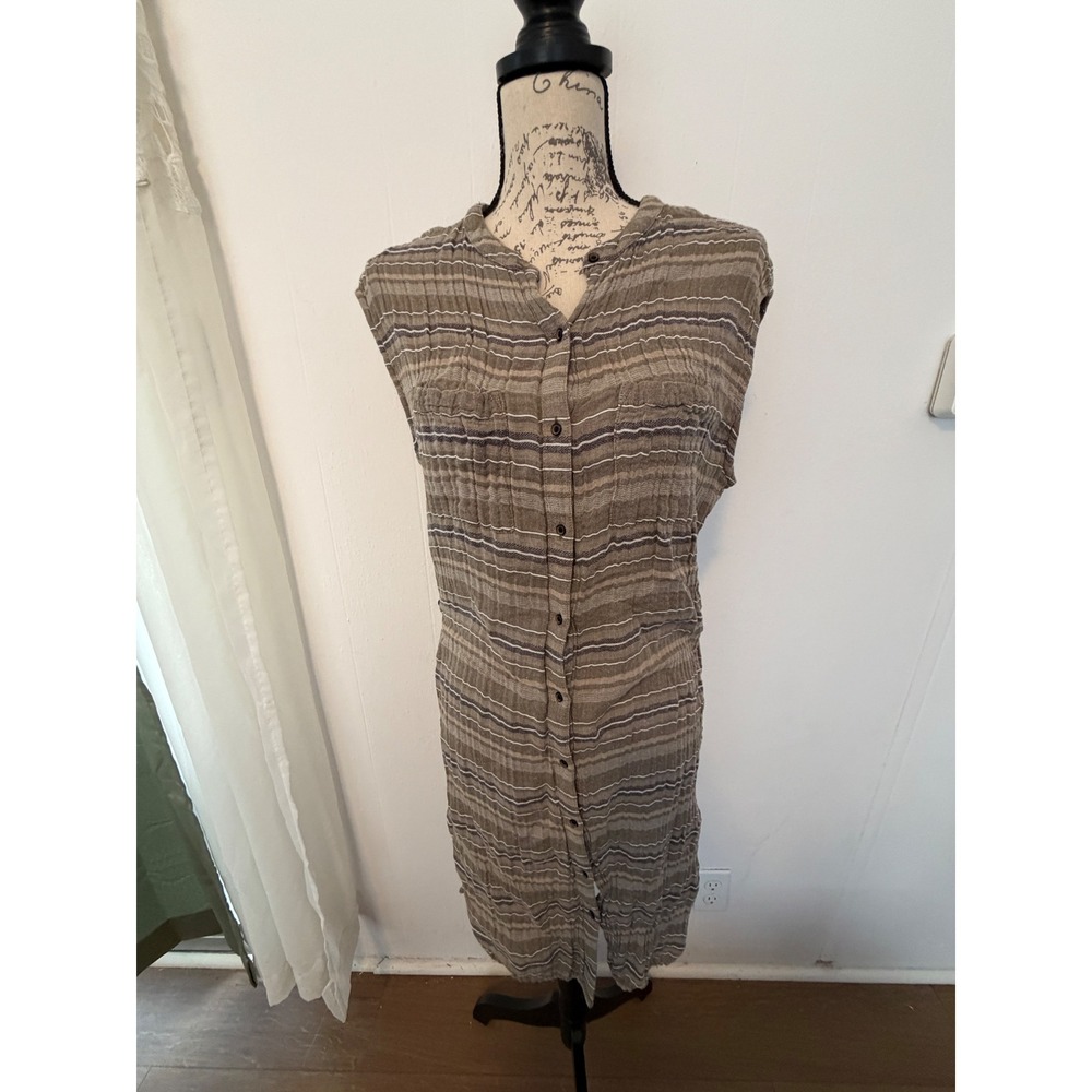 Prana Striped Button-Front Midi Dress in Taupe and Cream